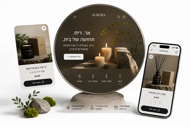 מותג נרות ריחניים — עיצוב כהה ואווירתי עם תצוגת מוצרים