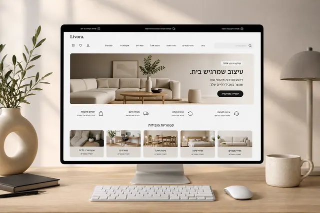 חנות ריהוט מינימליסטית בעברית על מסך מחשב שולחני